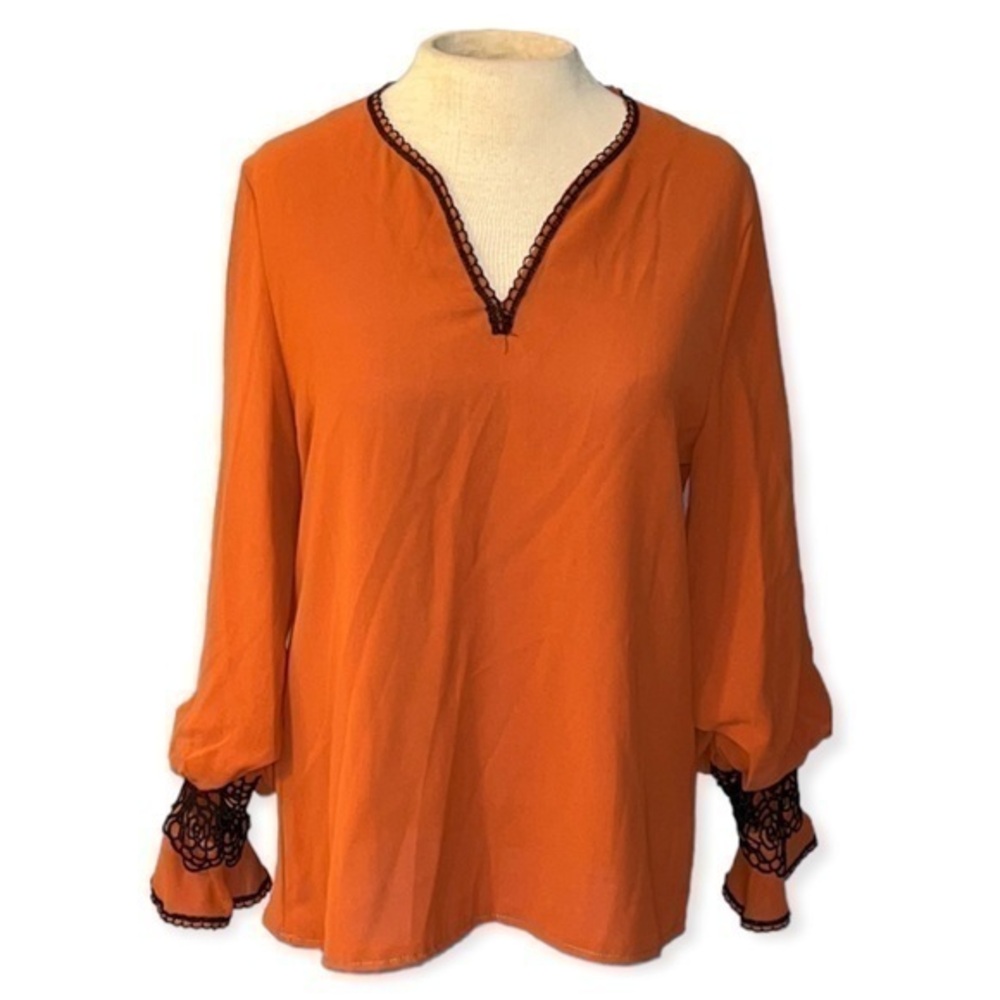 Womens Long Sleeve Blouse with statement sleeves orange and black V Neck